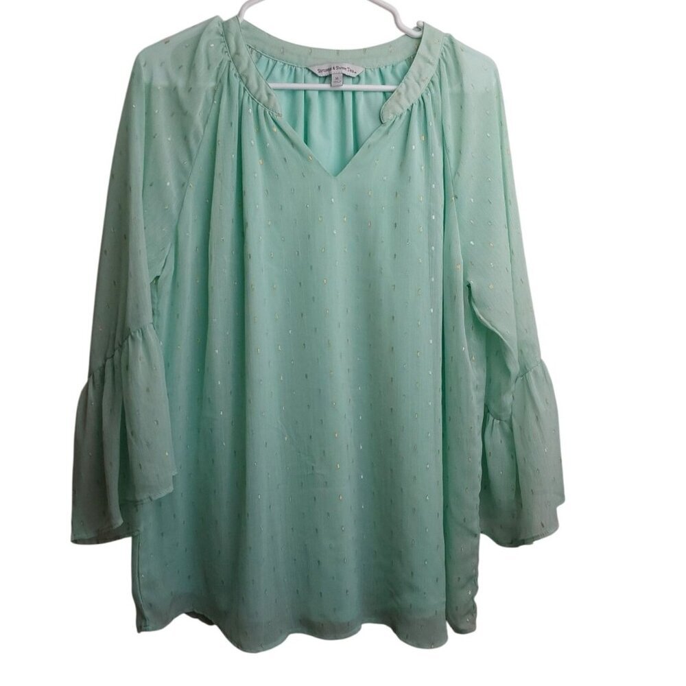 Sunsets & Sweet Tea mint with gold‎ accents flowy blouse, size XL